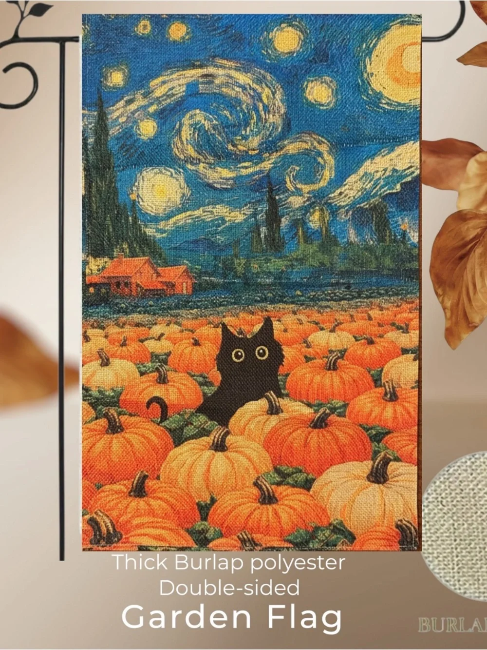 Garden Flag, Starry Night Black Cat Pumpkin, 12”x18”, Burlap double-sided